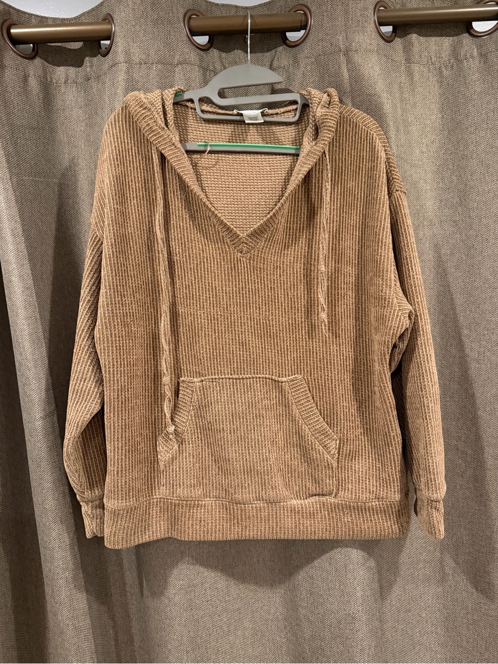 URBAN Romantics Tan Corduroy Chenille V‑Neck Hooded Sweater